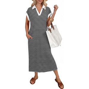 image:imageANRABESS Womens Summer Casual Polo V Neck Dresses  Short Sleeve Split Tshirt Maxi Dress with Pockets Soft WrinkleFree Loose Fit Beach Vacation Travel Outfit Summer ClothesBlack White Stripe