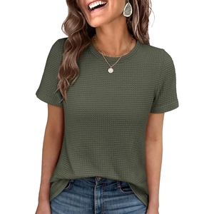 image:imageANRABESS Womens Summer Waffle Knit Tops  Soft Comfy Breathable Shirts Crew Neck Short Sleeve Casual Trendy Basic Tee 2026 Summer OutfitsArmy Green