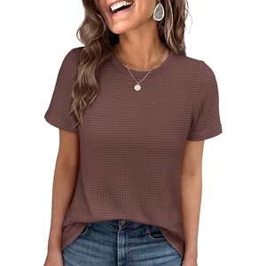 image:imageANRABESS Womens Summer Waffle Knit Tops  Soft Comfy Breathable Shirts Crew Neck Short Sleeve Casual Trendy Basic Tee 2026 Summer OutfitsBrown