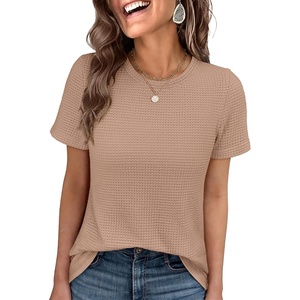 image:imageANRABESS Womens Summer Waffle Knit Tops  Soft Comfy Breathable Shirts Crew Neck Short Sleeve Casual Trendy Basic Tee 2026 Summer OutfitsKhaki