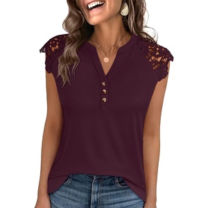 image:imageANRABESS Womens Tops Dressy Casual Lace Cap Sleeve Henley Shirts Summer Sleeveless Button Up Blouses 2026 Spring OutfitsBurgundy