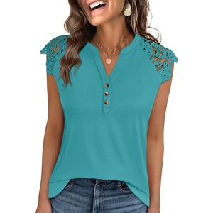 image:imageANRABESS Womens Tops Dressy Casual Lace Cap Sleeve Henley Shirts Summer Sleeveless Button Up Blouses 2026 Spring OutfitsCadet Blue