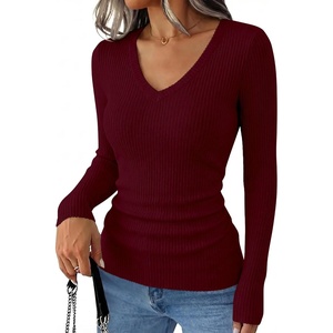 image:imageANRABESS Womens VNeck Ribbed Kint Fitted Long Sleeve Shirts  Soft lightweight Slim Fit Tops Work Going Out Layering Tshirts Casual Basic 2026 Fall Winter OutfitsBurgundy