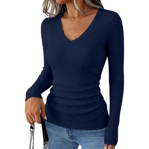 image:imageANRABESS Womens VNeck Ribbed Kint Fitted Long Sleeve Shirts  Soft lightweight Slim Fit Tops Work Going Out Layering Tshirts Casual Basic 2026 Fall Winter OutfitsNavy Blue