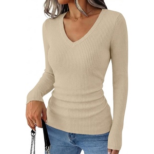 image:imageANRABESS Womens VNeck Ribbed Kint Fitted Long Sleeve Shirts  Soft lightweight Slim Fit Tops Work Going Out Layering Tshirts Casual Basic 2026 Fall Winter OutfitsBeige