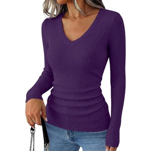 image:imageANRABESS Womens VNeck Ribbed Kint Fitted Long Sleeve Shirts  Soft lightweight Slim Fit Tops Work Going Out Layering Tshirts Casual Basic 2026 Fall Winter OutfitsPurple