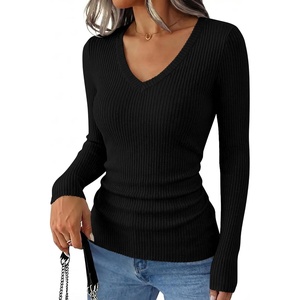 image:imageANRABESS Womens VNeck Ribbed Kint Fitted Long Sleeve Shirts  Soft lightweight Slim Fit Tops Work Going Out Layering Tshirts Casual Basic 2026 Fall Winter OutfitsBlack