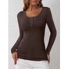 image:imageANRABESS Womens Long Sleeve Henley Tops Ribbed Knit Slim Fitted Trendy T Shirt Basic Tees Layer 2026 Fall Fashion OutfitsDeep Brown