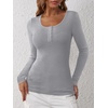 image:imageANRABESS Womens Long Sleeve Henley Tops Ribbed Knit Slim Fitted Trendy T Shirt Basic Tees Layer 2026 Fall Fashion OutfitsGrey