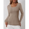 image:imageANRABESS Womens Long Sleeve Henley Tops Ribbed Knit Slim Fitted Trendy T Shirt Basic Tees Layer 2026 Fall Fashion OutfitsLight Khaki