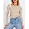image:imageANRABESS Womens Puff Long Sleeve Shirts Comfy Stretchy Ribbed Knit Fitted Tops Trendy Fall Winter Tee for Work amp CasualBeige