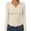 image:imageANRABESS Womens Long Sleeve Fitted Polo Shirts  Fleece Soft WarmV Neck CollaredSlim Work TopsSoftDressy Business Casual OutfitsOffice Daily Wear Fall Winter TransitionBeige
