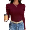 image:imageANRABESS Womens Puff Long Sleeve Shirts Comfy Stretchy Ribbed Knit Fitted Tops Trendy Fall Winter Tee for Work amp CasualDeep Red