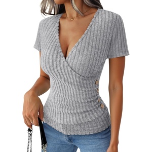 image:imageANRABESS Women Short Sleeve V Neck Shirts  Comfy Soft Slim Fitted Wrap Sexy Top Dressy Casual Daily Wear Work Vacation Going Out Spring Summer SweaterGrey