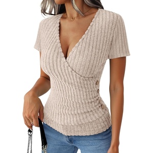 image:imageANRABESS Women Short Sleeve V Neck Shirts  Comfy Soft Slim Fitted Wrap Sexy Top Dressy Casual Daily Wear Work Vacation Going Out Spring Summer SweaterLight Khaki