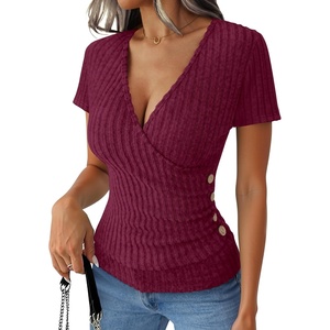 image:imageANRABESS Women Short Sleeve V Neck Shirts  Comfy Soft Slim Fitted Wrap Sexy Top Dressy Casual Daily Wear Work Vacation Going Out Spring Summer SweaterBurgundy
