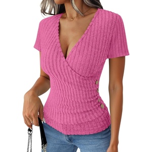 image:imageANRABESS Women Short Sleeve V Neck Shirts  Comfy Soft Slim Fitted Wrap Sexy Top Dressy Casual Daily Wear Work Vacation Going Out Spring Summer SweaterHot Pink