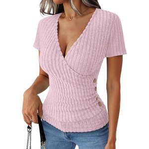 image:imageANRABESS Women Short Sleeve V Neck Shirts  Comfy Soft Slim Fitted Wrap Sexy Top Dressy Casual Daily Wear Work Vacation Going Out Spring Summer SweaterPink