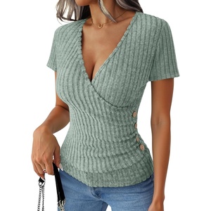 image:imageANRABESS Women Short Sleeve V Neck Shirts  Comfy Soft Slim Fitted Wrap Sexy Top Dressy Casual Daily Wear Work Vacation Going Out Spring Summer SweaterLight Green
