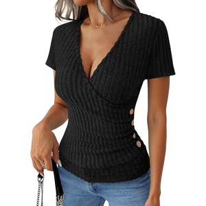 image:imageANRABESS Women Short Sleeve V Neck Shirts  Comfy Soft Slim Fitted Wrap Sexy Top Dressy Casual Daily Wear Work Vacation Going Out Spring Summer SweaterBlack