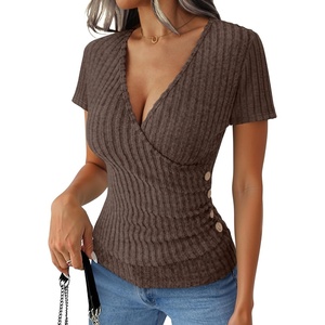 image:imageANRABESS Women Short Sleeve V Neck Shirts  Comfy Soft Slim Fitted Wrap Sexy Top Dressy Casual Daily Wear Work Vacation Going Out Spring Summer SweaterChocolate Brown