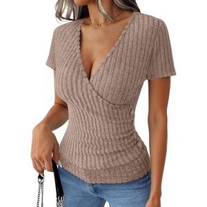 image:imageANRABESS Women Short Sleeve V Neck Shirts  Comfy Soft Slim Fitted Wrap Sexy Top Dressy Casual Daily Wear Work Vacation Going Out Spring Summer SweaterTan