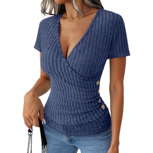 image:imageANRABESS Women Short Sleeve V Neck Shirts  Comfy Soft Slim Fitted Wrap Sexy Top Dressy Casual Daily Wear Work Vacation Going Out Spring Summer SweaterDark Blue