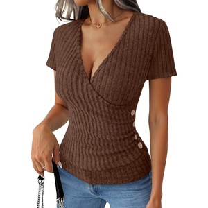 image:imageANRABESS Women Short Sleeve V Neck Shirts  Comfy Soft Slim Fitted Wrap Sexy Top Dressy Casual Daily Wear Work Vacation Going Out Spring Summer SweaterBrown