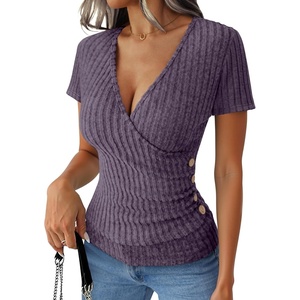 image:imageANRABESS Women Short Sleeve V Neck Shirts  Comfy Soft Slim Fitted Wrap Sexy Top Dressy Casual Daily Wear Work Vacation Going Out Spring Summer SweaterPurple