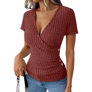 image:imageANRABESS Women Short Sleeve V Neck Shirts  Comfy Soft Slim Fitted Wrap Sexy Top Dressy Casual Daily Wear Work Vacation Going Out Spring Summer SweaterRust Orange