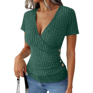 image:imageANRABESS Women Short Sleeve V Neck Shirts  Comfy Soft Slim Fitted Wrap Sexy Top Dressy Casual Daily Wear Work Vacation Going Out Spring Summer SweaterGreen