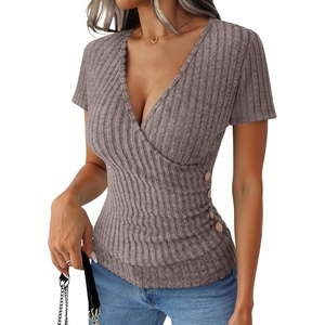 image:imageANRABESS Women Short Sleeve V Neck Shirts  Comfy Soft Slim Fitted Wrap Sexy Top Dressy Casual Daily Wear Work Vacation Going Out Spring Summer SweaterCool Ash Brown