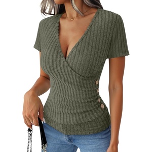 image:imageANRABESS Women Short Sleeve V Neck Shirts  Comfy Soft Slim Fitted Wrap Sexy Top Dressy Casual Daily Wear Work Vacation Going Out Spring Summer SweaterDeep Green