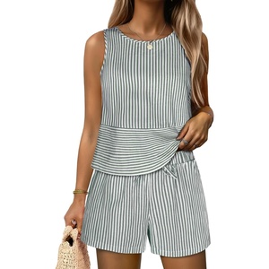 image:imageANRABESS Womens 2 Piece Outfits Striped Summer Casual Sleeveless Tank Top Matching Shorts Lounge Sets Beach Vacation ClothesDeep Green White Stripe