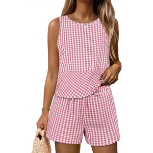 image:imageANRABESS Womens 2 Piece Outfits Striped Summer Casual Sleeveless Tank Top Matching Shorts Lounge Sets Beach Vacation ClothesPink White Plaid