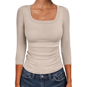 image:imageANRABESS Womens 34 Sleeve Scoop Neck Tops Ribbed Knit Slim Fitted Casual Basic Tee Shirts 2026 Fall Trendy Going Out TShirtBeige