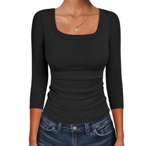 image:imageANRABESS Womens 34 Sleeve Scoop Neck Tops Ribbed Knit Slim Fitted Casual Basic Tee Shirts 2026 Fall Trendy Going Out TShirtBlack