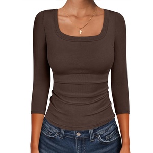 image:imageANRABESS Womens 34 Sleeve Scoop Neck Tops Ribbed Knit Slim Fitted Casual Basic Tee Shirts 2026 Fall Trendy Going Out TShirtCoffee