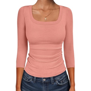 image:imageANRABESS Womens 34 Sleeve Scoop Neck Tops Ribbed Knit Slim Fitted Casual Basic Tee Shirts 2026 Fall Trendy Going Out TShirtCoral