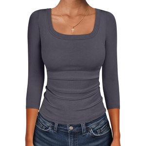 image:imageANRABESS Womens 34 Sleeve Scoop Neck Tops Ribbed Knit Slim Fitted Casual Basic Tee Shirts 2026 Fall Trendy Going Out TShirtDeep Grey