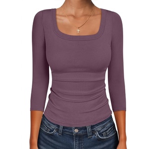 image:imageANRABESS Womens 34 Sleeve Scoop Neck Tops Ribbed Knit Slim Fitted Casual Basic Tee Shirts 2026 Fall Trendy Going Out TShirtDeep Purple