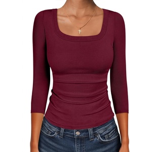 image:imageANRABESS Womens 34 Sleeve Scoop Neck Tops Ribbed Knit Slim Fitted Casual Basic Tee Shirts 2026 Fall Trendy Going Out TShirtDeep Red
