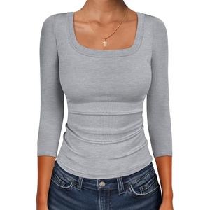 image:imageANRABESS Womens 34 Sleeve Scoop Neck Tops Ribbed Knit Slim Fitted Casual Basic Tee Shirts 2026 Fall Trendy Going Out TShirtGrey