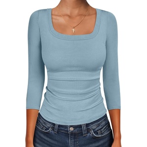 image:imageANRABESS Womens 34 Sleeve Scoop Neck Tops Ribbed Knit Slim Fitted Casual Basic Tee Shirts 2026 Fall Trendy Going Out TShirtGrey Blue