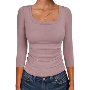 image:imageANRABESS Womens 34 Sleeve Scoop Neck Tops Ribbed Knit Slim Fitted Casual Basic Tee Shirts 2026 Fall Trendy Going Out TShirtGrey Pink