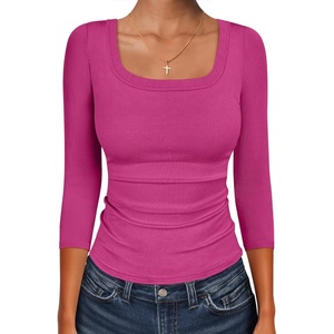 image:imageANRABESS Womens 34 Sleeve Scoop Neck Tops Ribbed Knit Slim Fitted Casual Basic Tee Shirts 2026 Fall Trendy Going Out TShirtHot Pink