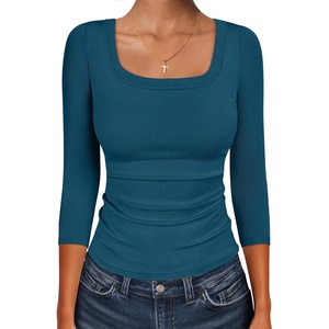 image:imageANRABESS Womens 34 Sleeve Scoop Neck Tops Ribbed Knit Slim Fitted Casual Basic Tee Shirts 2026 Fall Trendy Going Out TShirtIndigo