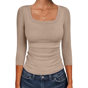 image:imageANRABESS Womens 34 Sleeve Scoop Neck Tops Ribbed Knit Slim Fitted Casual Basic Tee Shirts 2026 Fall Trendy Going Out TShirtKhaki