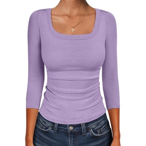 image:imageANRABESS Womens 34 Sleeve Scoop Neck Tops Ribbed Knit Slim Fitted Casual Basic Tee Shirts 2026 Fall Trendy Going Out TShirtLight Purple