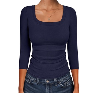 image:imageANRABESS Womens 34 Sleeve Scoop Neck Tops Ribbed Knit Slim Fitted Casual Basic Tee Shirts 2026 Fall Trendy Going Out TShirtNavy Blue